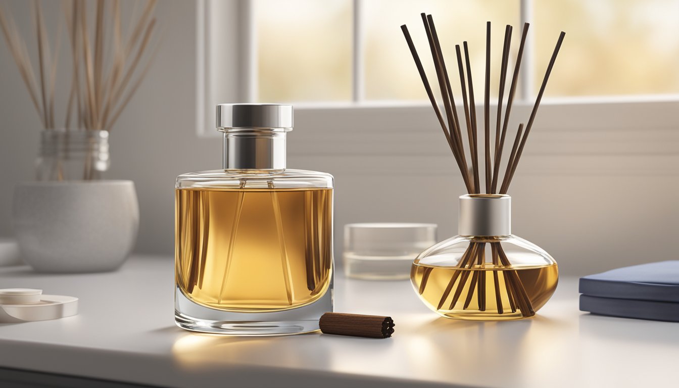 A reed diffuser sits on a clean, flat surface with a bottle of essential oil nearby. The reeds are neatly arranged and the diffuser is surrounded by a calm and inviting atmosphere