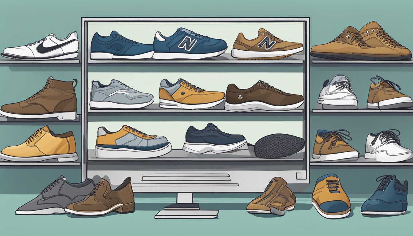 A computer screen displaying a variety of men's shoes at discounted prices, with a search bar and "add to cart" buttons visible