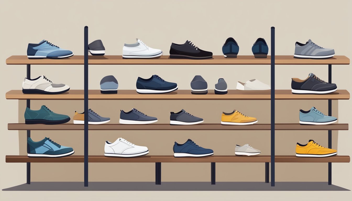 A variety of stylish and comfortable men's shoes are displayed on shelves in an online store, with clear signage indicating affordable prices