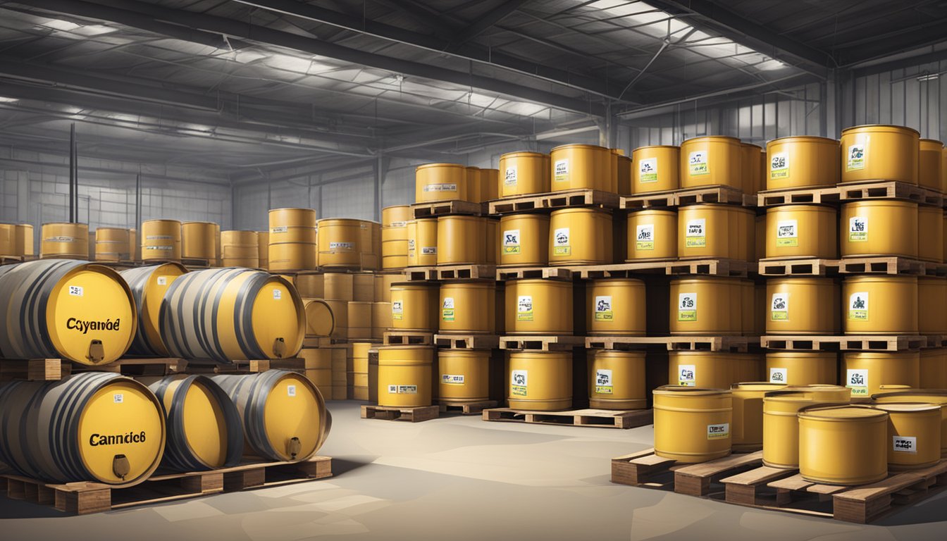 A warehouse with barrels labeled "Sodium Cyanide" stacked on pallets, with caution signs and safety equipment nearby