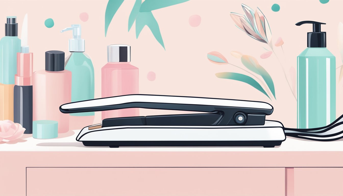 A hand reaches for a sleek, modern hair straightener on a clean, white countertop. The device is surrounded by soft, pastel-colored hair accessories, creating a sense of elegance and sophistication