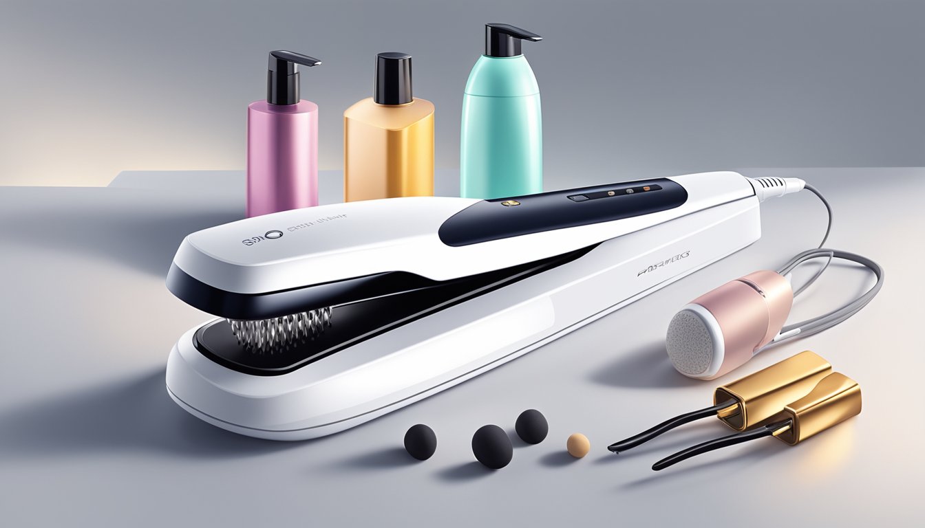 A sleek, modern hair straightener sits on a clean, white countertop, surrounded by a few hair care products. The device is plugged in and ready to use, with a soft glow emanating from the power button