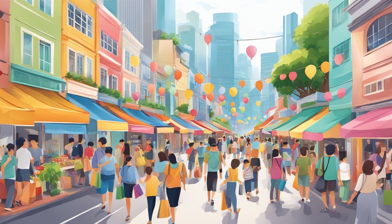 A busy street lined with colorful shops and bustling with people, displaying a variety of birthday gifts in Singapore
