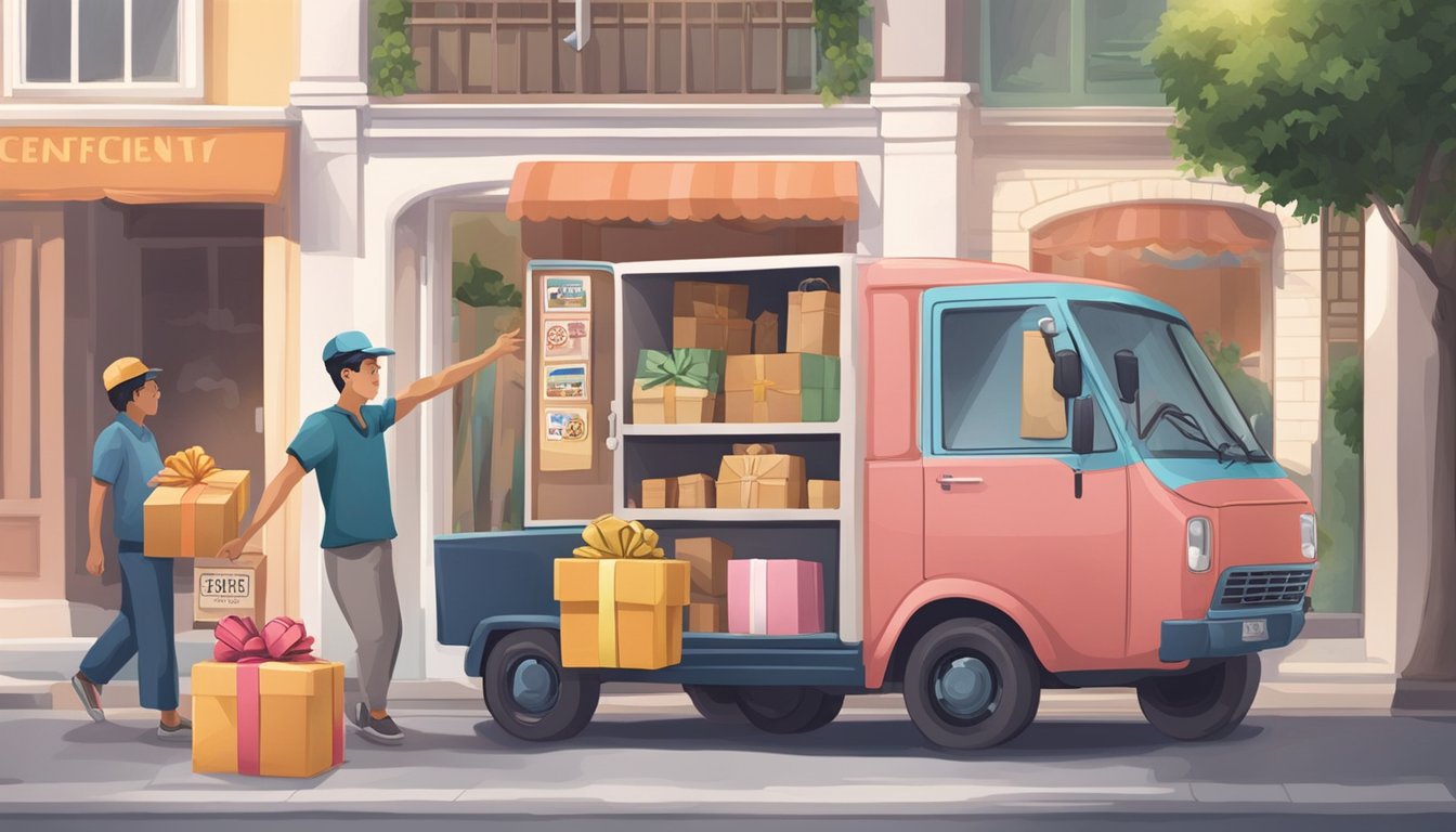 A delivery van stops outside a gift shop in Singapore. A delivery person unloads a stack of birthday gifts. The shop's sign reads "Efficient Gift Delivery Services."