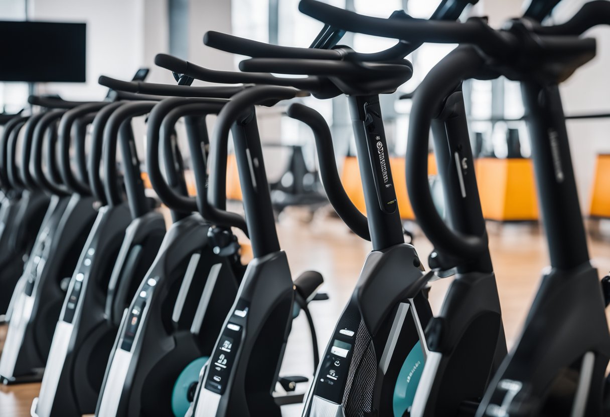 A row of sleek spin bikes with glowing Wi-Fi indicators. Screens display real-time data