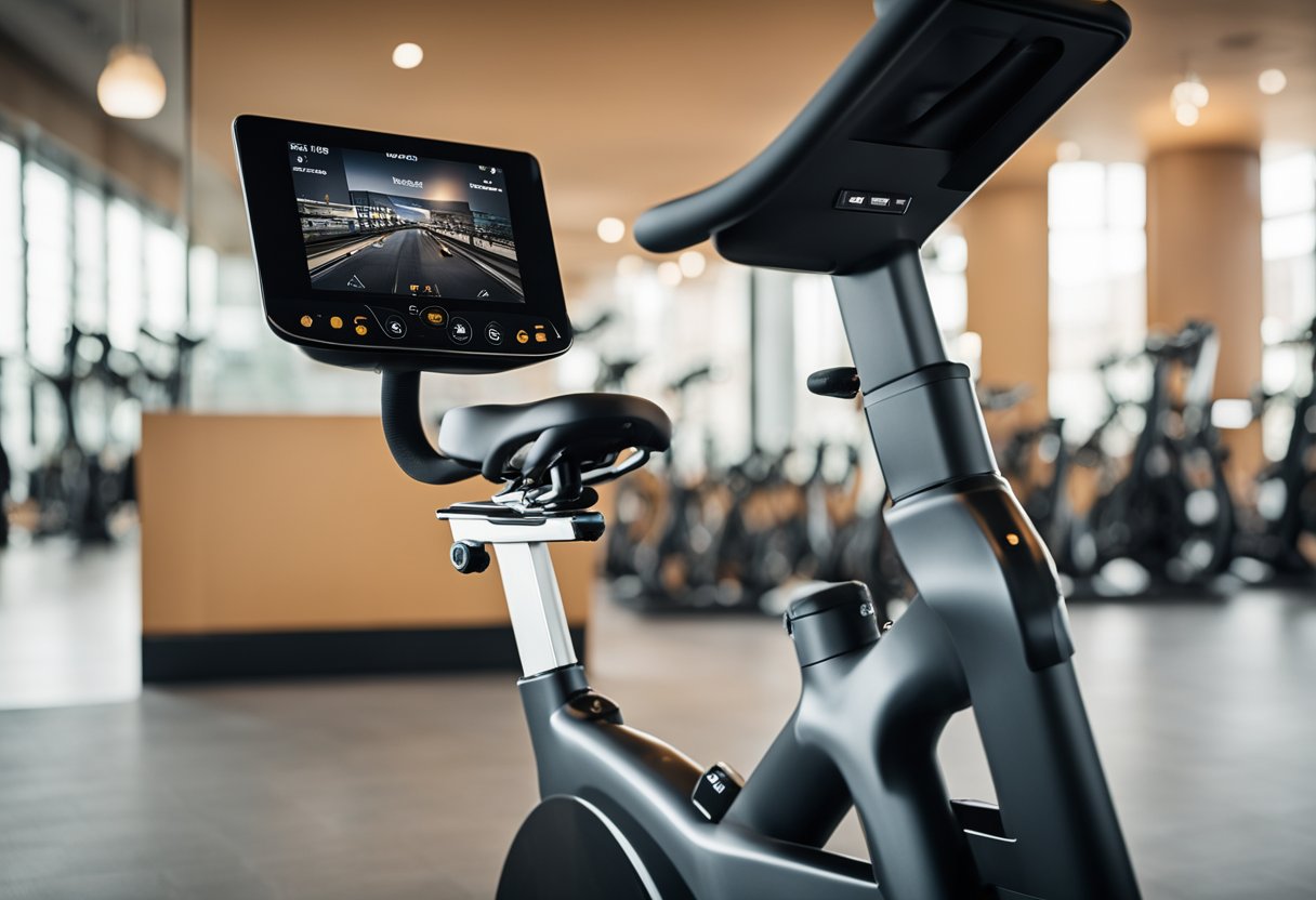A modern spin bike with Wi-Fi capabilities, displaying the evolution of spin bikes over time