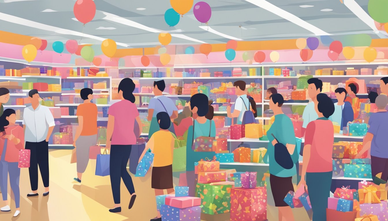 Shelves filled with colorful birthday gifts, surrounded by eager shoppers in a bustling Singapore store