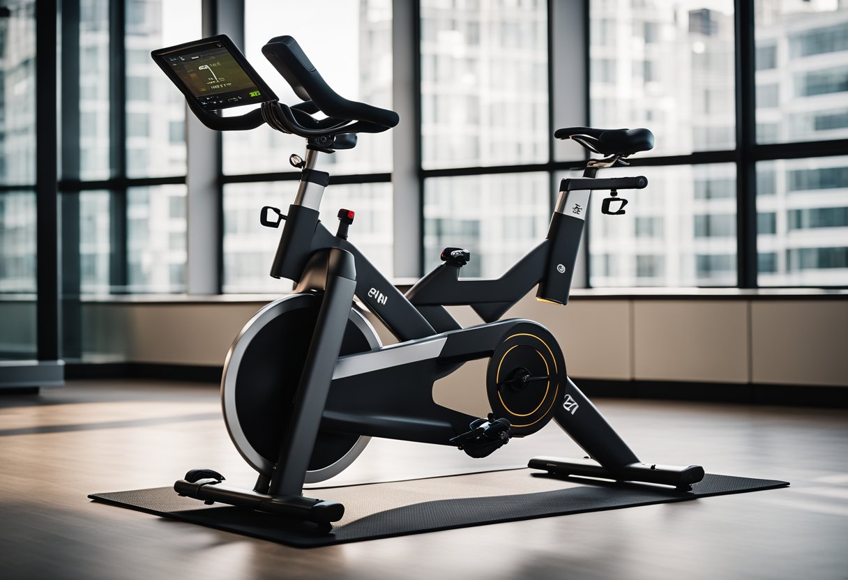 A modern spin bike with Wi-Fi connectivity, displaying workout data on a digital screen, surrounded by a sleek and minimalist gym environment