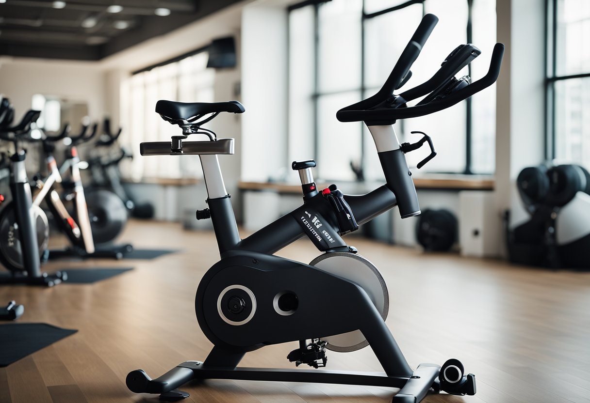 A sleek, modern spin bike with a built-in Wi-Fi display, adjustable seat and handlebars, and a water bottle holder, set against a backdrop of a bright, spacious fitness studio