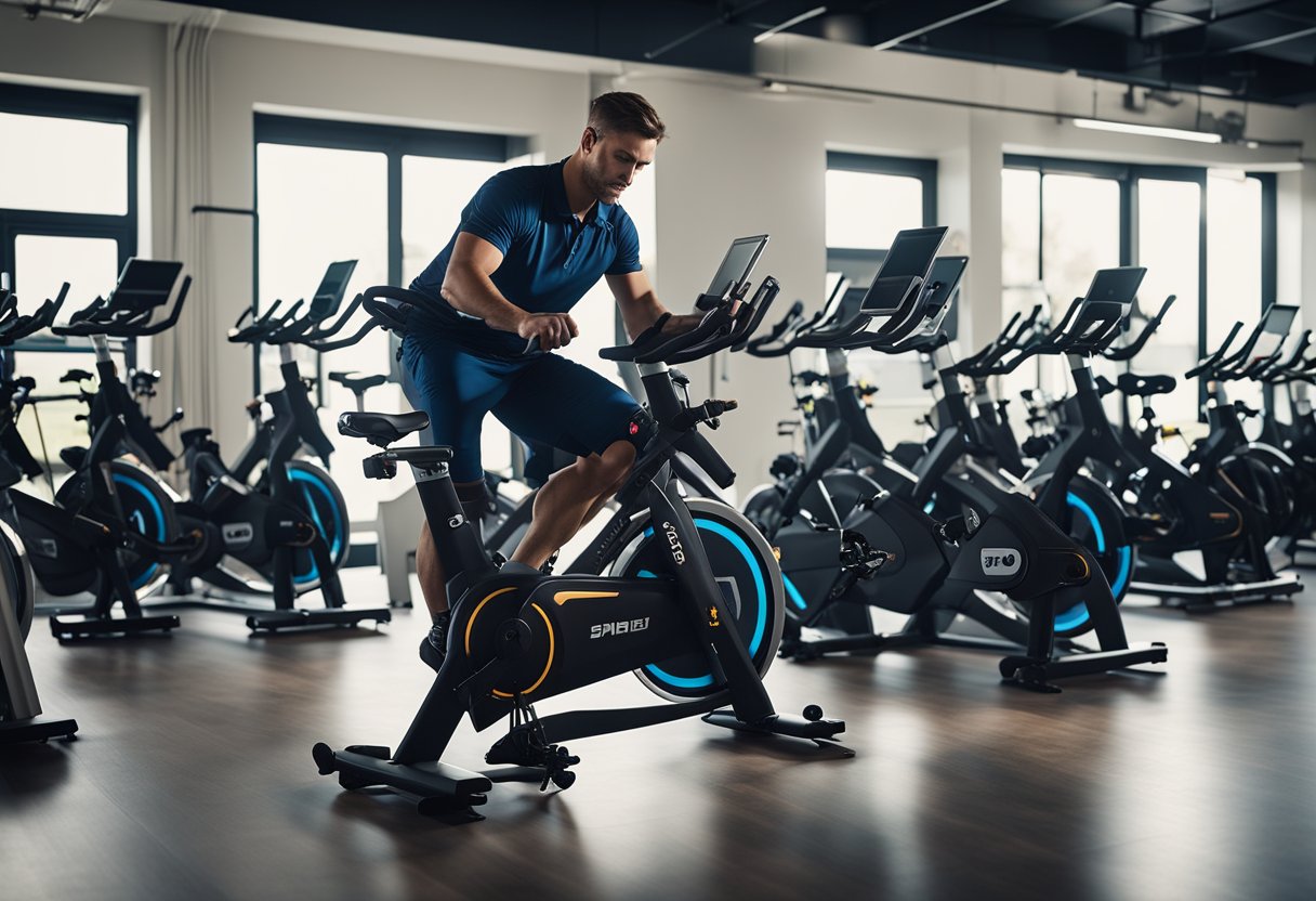 A technician installs and sets up Wi-Fi enabled spin bikes in a spacious, well-lit gym. Cables are neatly organized, and the bikes are positioned in a row facing a large screen