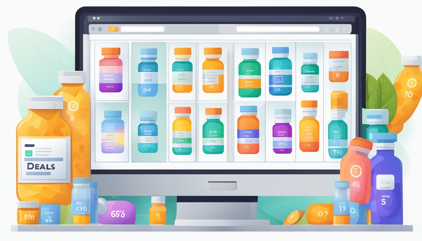 A computer screen displays various vitamin bottles with price tags. The cursor hovers over a "best deals" tab on a website