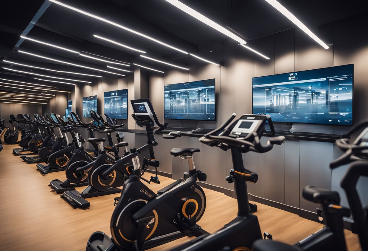 A modern gym with rows of Wi-Fi enabled spin bikes, glowing screens, and users tracking their workouts