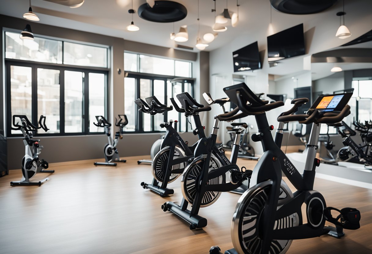 A group of Wi-Fi enabled spin bikes arranged in a fitness studio, with screens displaying frequently asked questions about their features and functionality