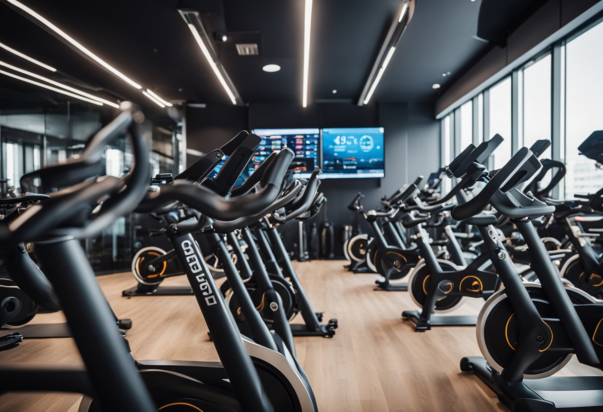 Spin bikes arranged in a modern gym, each equipped with streaming and app connectivity, with digital screens displaying virtual cycling routes
