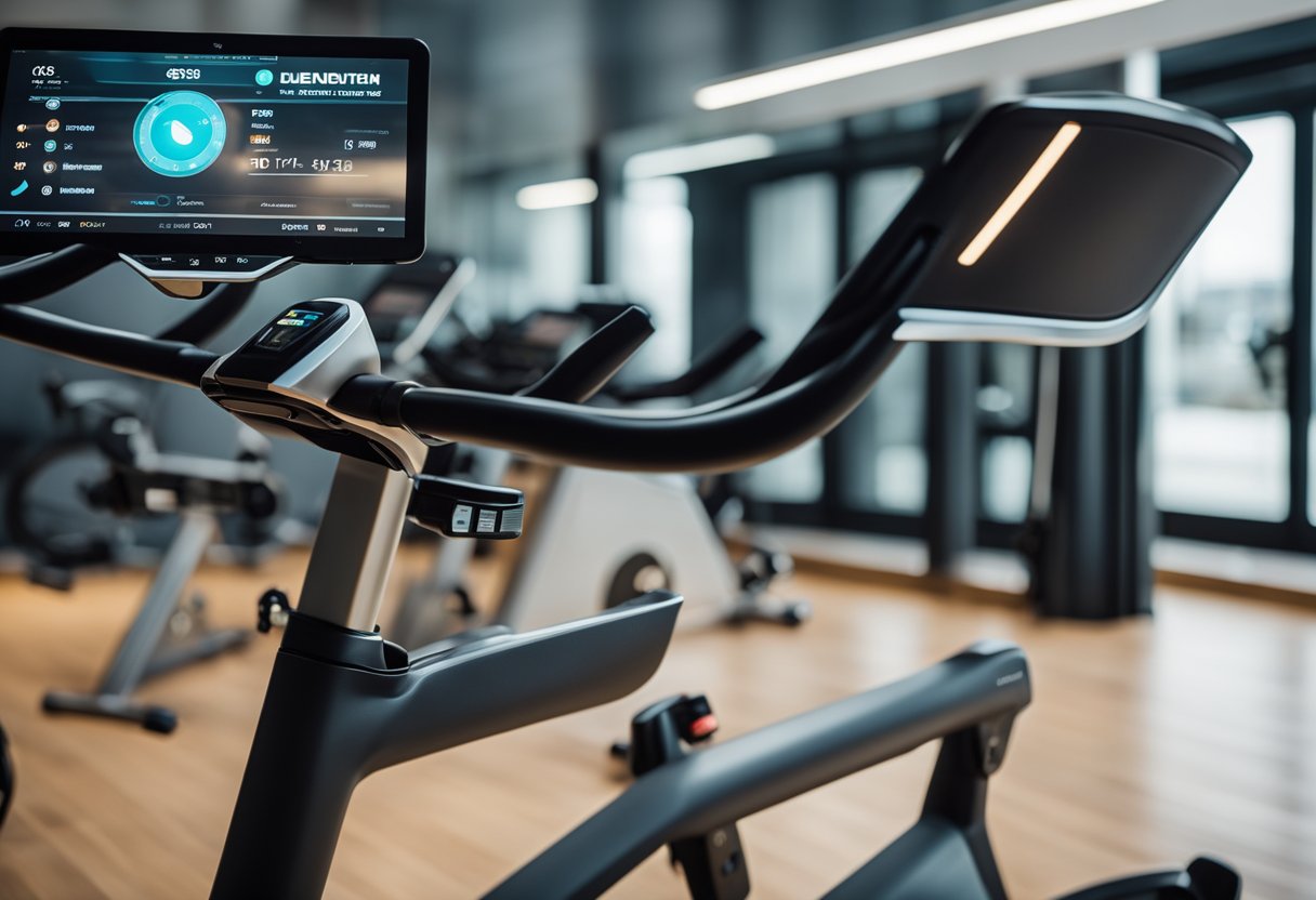 A spin bike with a digital screen streaming workout classes, surrounded by modern technology and a sleek, futuristic design