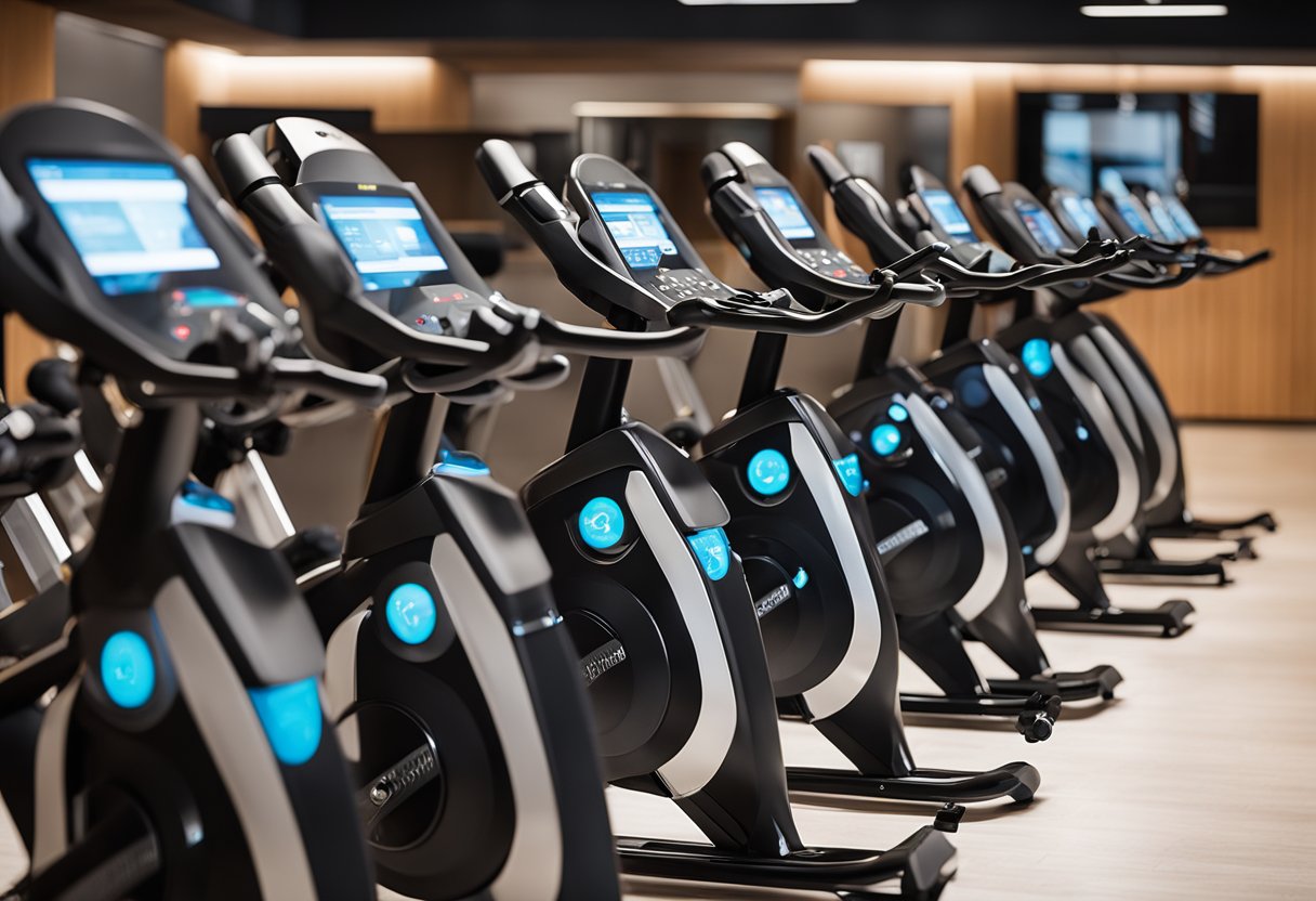 A row of connected spin bikes with streaming/app connectivity, displaying digital screens and interactive features