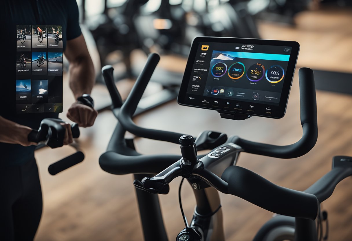 Various spin bike brands with app connectivity displayed on a screen, with streaming options highlighted