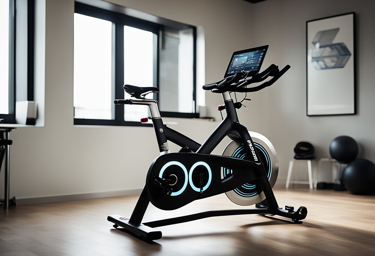A spin bike is positioned in a modern, well-lit room with a large screen displaying a virtual cycling route. A smartphone or tablet is connected to the bike, showing the streaming/app interface