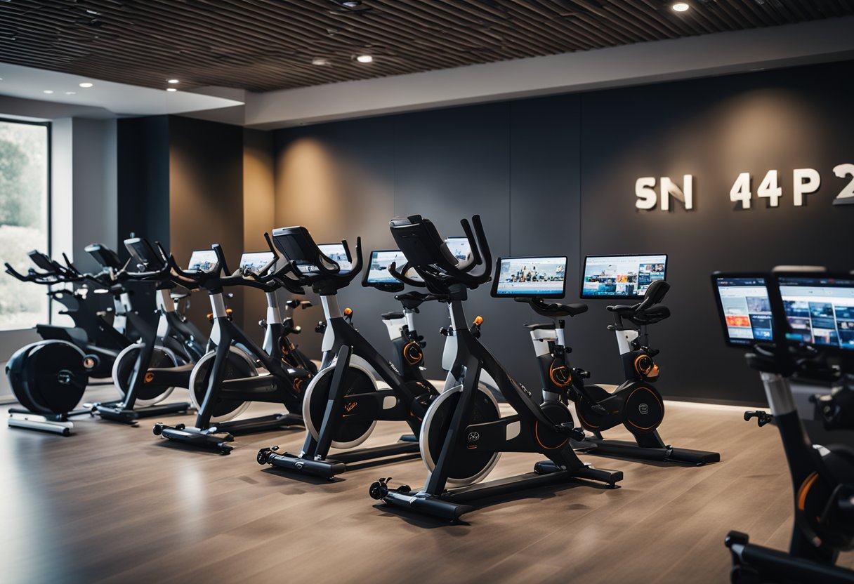 Spin bikes arranged in a row, each with a screen displaying streaming apps. Pricing and subscription options displayed nearby