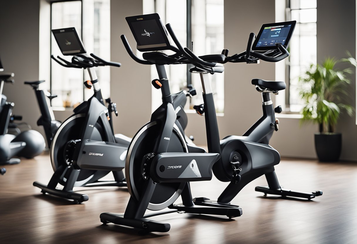 Two spin bikes side by side, one with a screen displaying streaming and app connectivity, the other without. Both bikes have adjustable resistance and handlebars