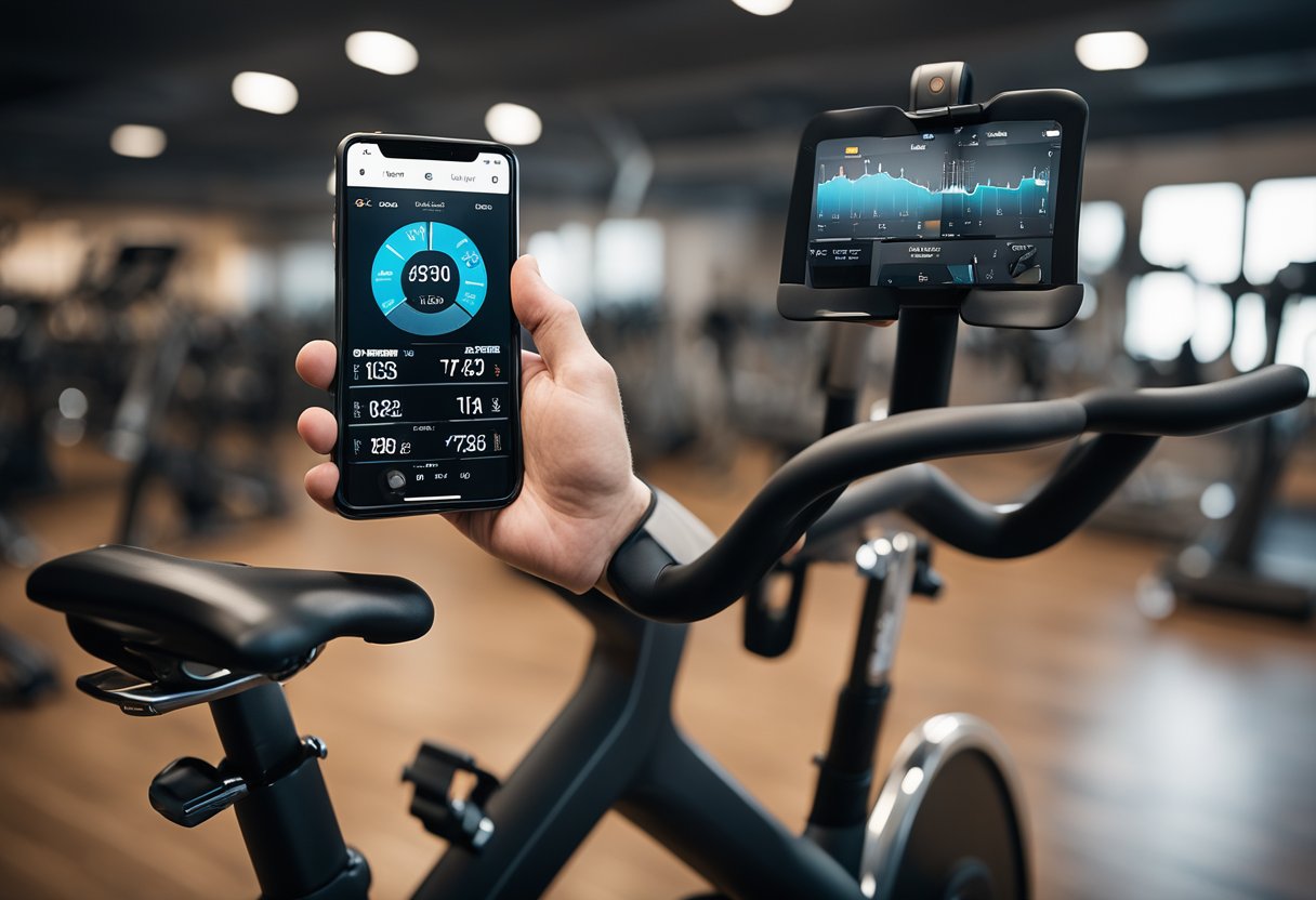 A spin bike with a digital screen streaming workout classes. A phone or tablet connected to the bike displaying app interface. Limitations include potential connectivity issues