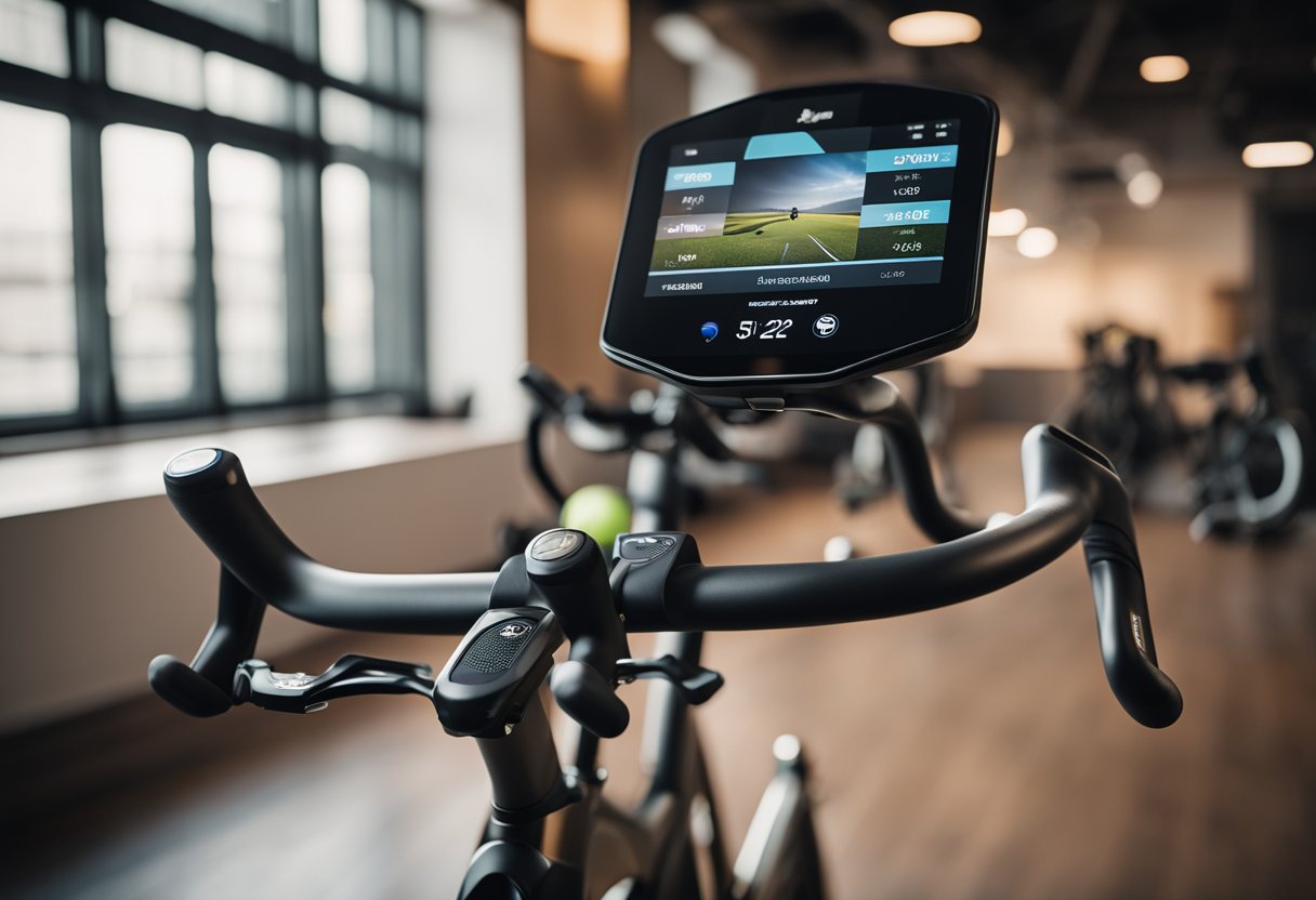 A sleek spin bike with a large screen displaying streaming fitness classes. A smartphone is connected to the bike, showing an app interface for personalized workouts