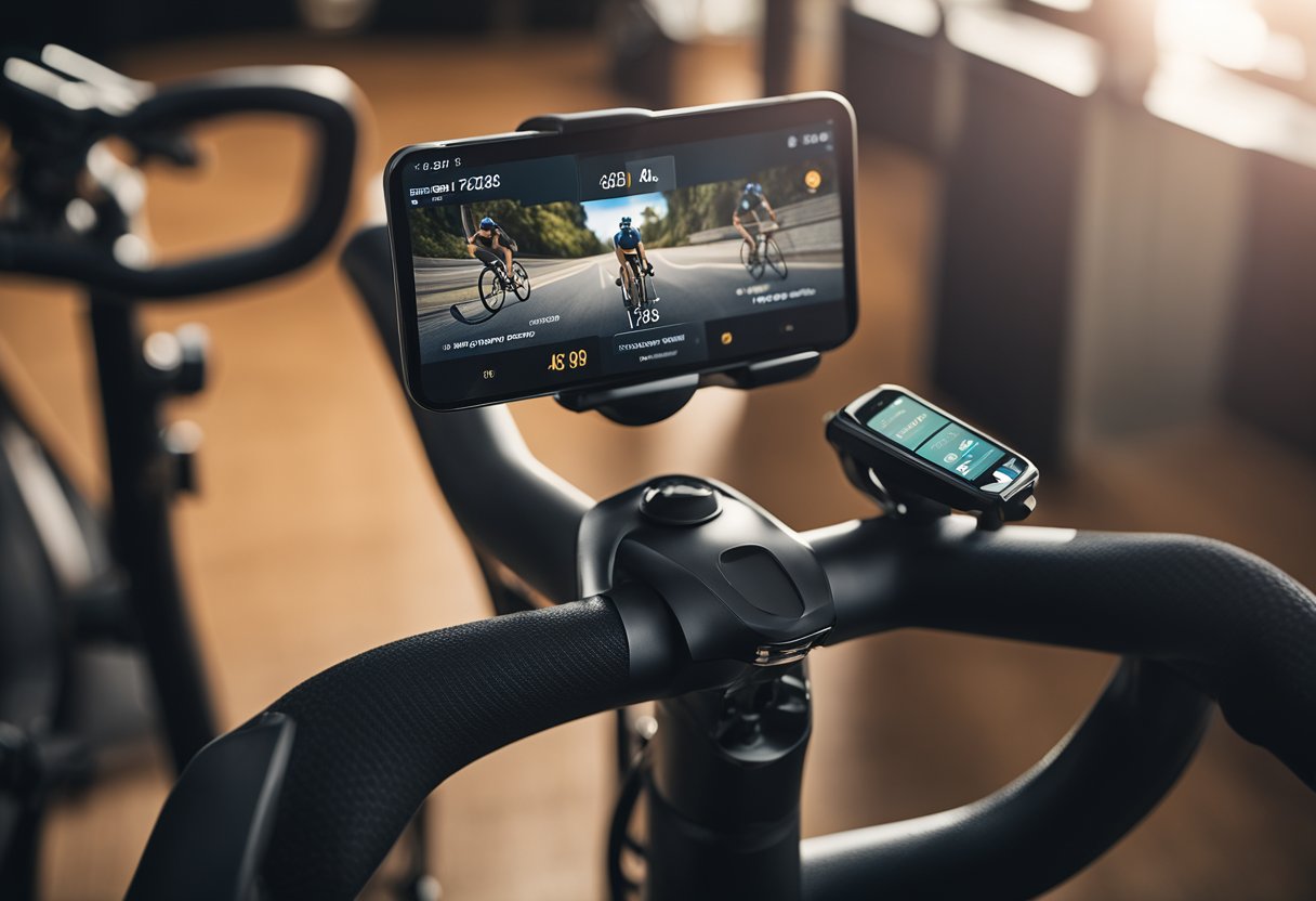 A spin bike with a large screen displaying a virtual cycling class. A smartphone is connected to the bike, showing the app interface