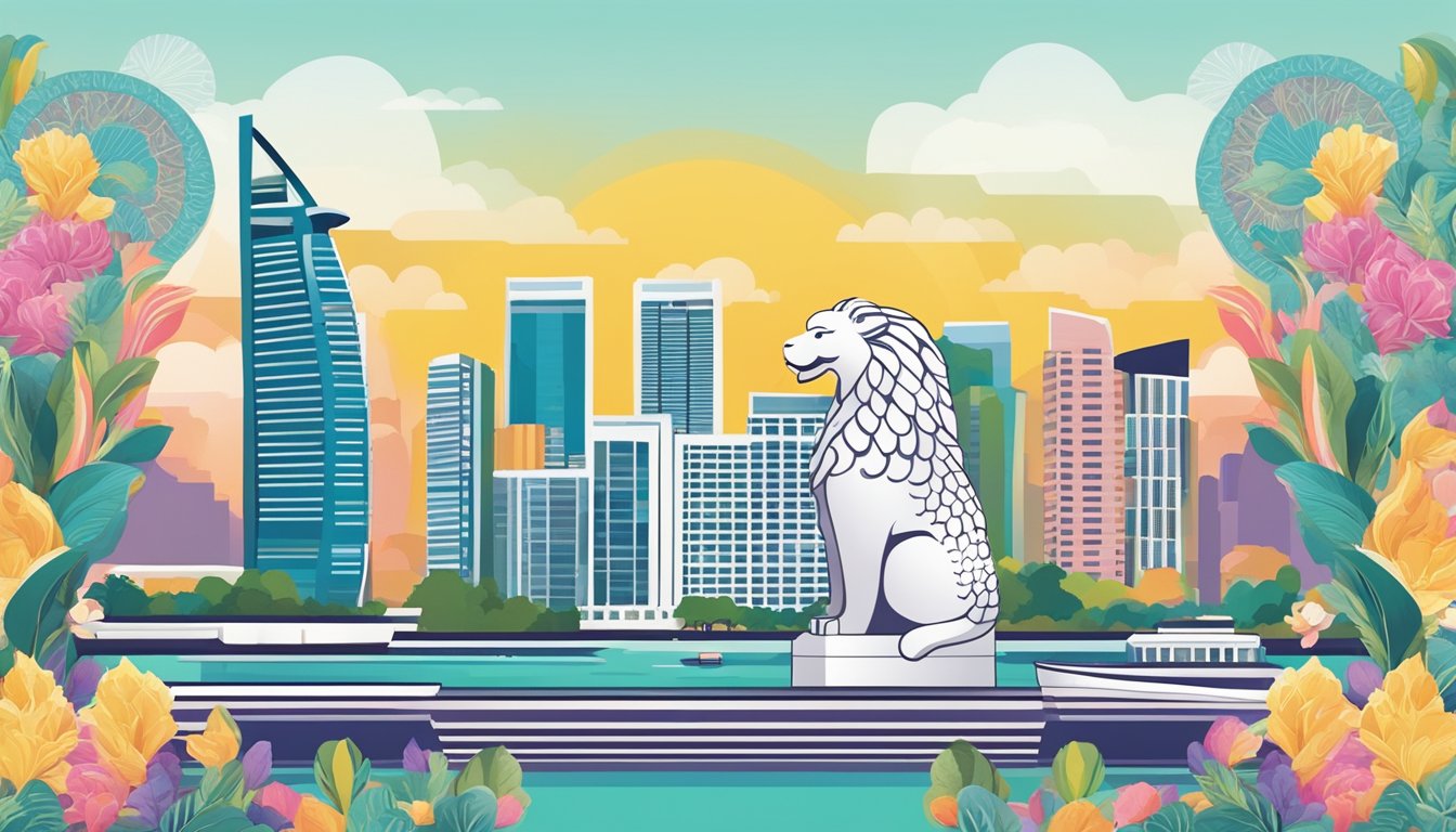 Colorful display of Singapore souvenirs: Merlion keychains, Peranakan tiles, and traditional batik fabrics. Background of iconic landmarks like Marina Bay Sands and Gardens by the Bay