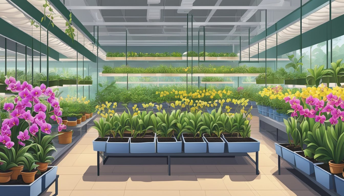 An orchid nursery in Singapore displays vibrant plants in a variety of colors and sizes, with rows of potted orchids neatly arranged on shelves and tables