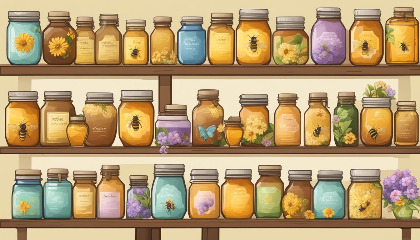 A shelf displaying various jars of honey with different labels and colors, surrounded by images of bees and flowers