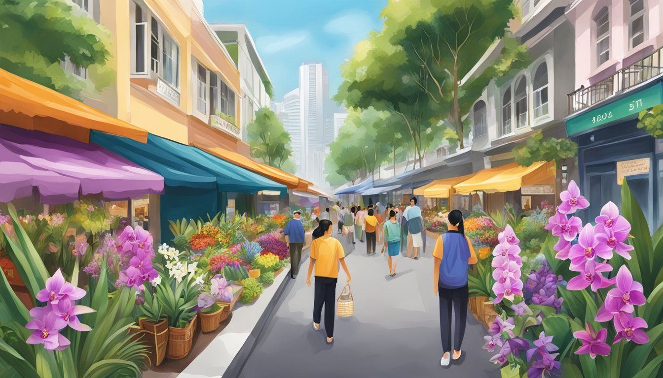 A bustling street in Singapore showcases vibrant orchid retailers, displaying a variety of colorful and exotic orchid plants for sale