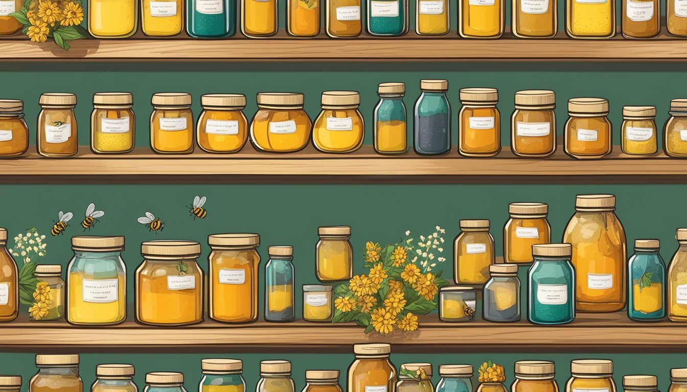 A shelf with various honey jars, some labeled organic, raw, or local, surrounded by bees and flowers