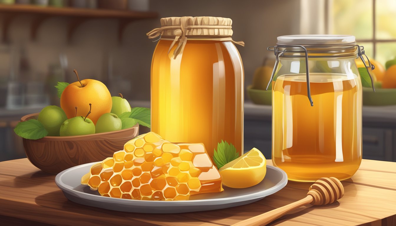 A jar of raw, unfiltered honey sits on a wooden countertop next to a pile of fresh, ripe fruits and a glass of water. A honey dipper rests on the edge of the jar
