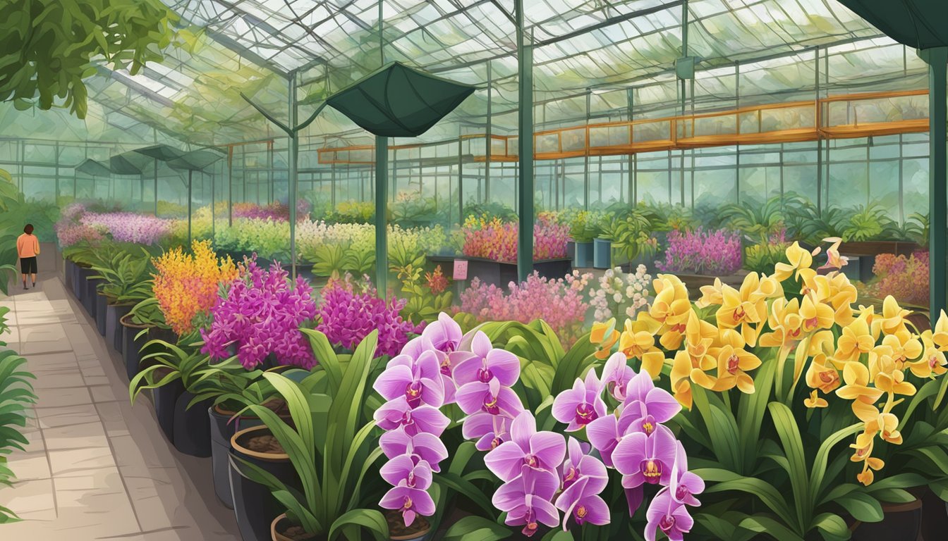 A colorful array of orchid plants displayed in a Singaporean garden or plant nursery, with signs indicating prices and information for potential buyers