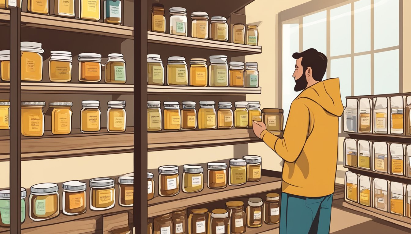 A shelf with various jars of honey, each labeled with different types and brands. A customer standing in front, looking at the options