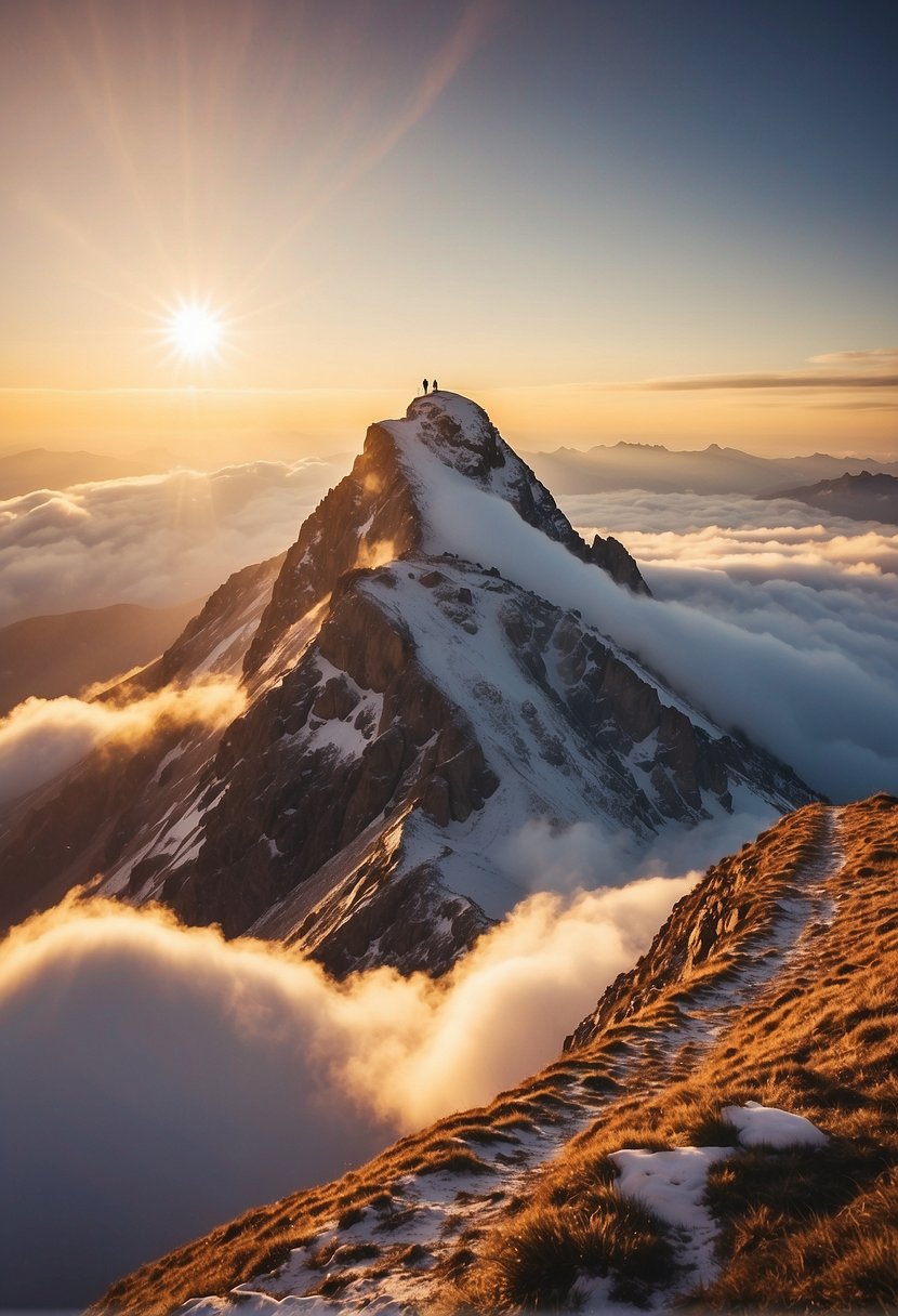 A mountain peak rises above a sea of clouds, bathed in golden sunlight. A path leads to the summit, where a radiant beam of light shines down, symbolizing success