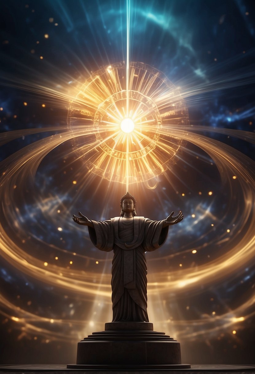 A vibrant, swirling vortex of energy emanates from a glowing center, surrounded by symbols of abundance and success. Rays of light extend outward, creating a sense of expansion and possibility