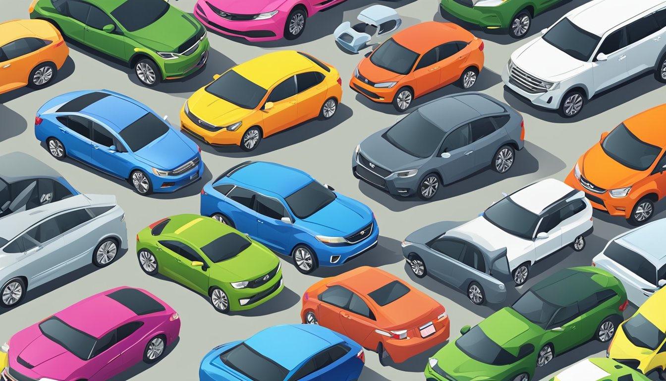 A diverse selection of used cars lined up in a lot, each with a price tag and specifications displayed, surrounded by a mix of eager buyers and salespeople