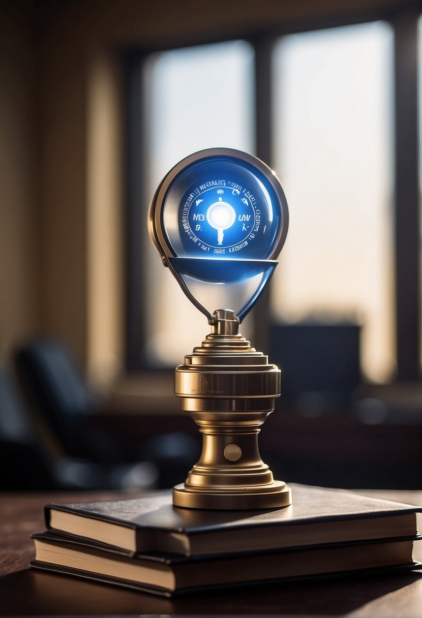 A bright spotlight shines on a podium surrounded by motivational quotes and symbols of achievement, creating an atmosphere of determination and success