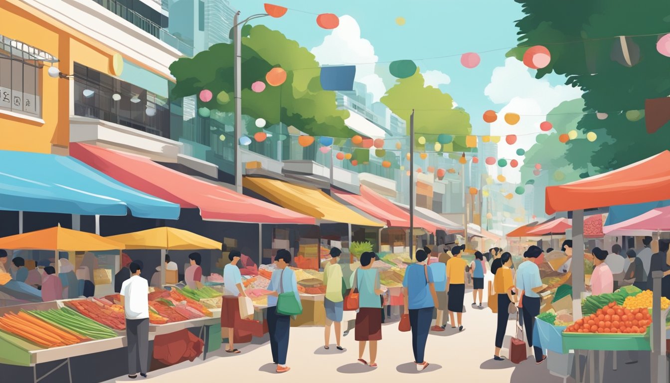 A bustling street market with colorful displays of local goods and souvenirs in Singapore