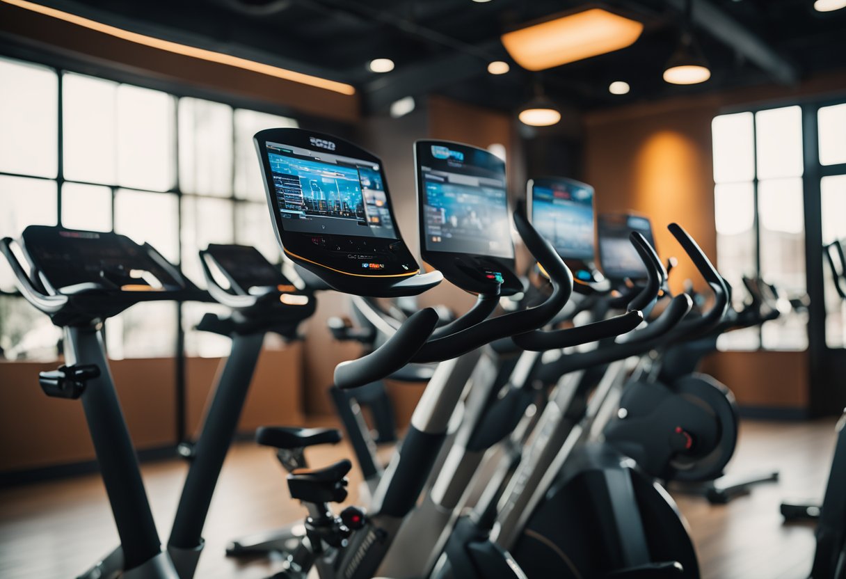 Spin bikes with interactive screens and colorful displays, surrounded by a dimly lit room with upbeat music playing in the background