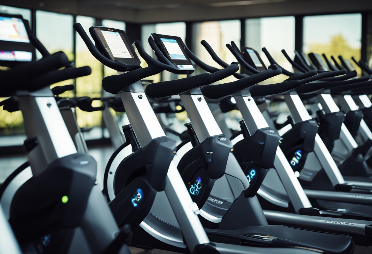 A row of spin bikes, each equipped with interactive screens and programming, showing the evolution of spin bike technology