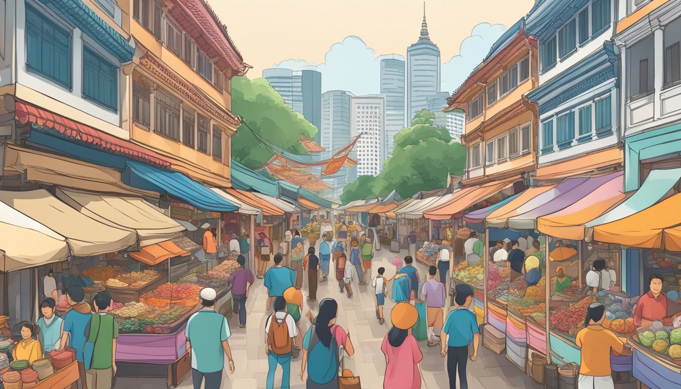 A bustling street market with colorful displays of traditional Singaporean souvenirs and iconic items like Merlion statues and Peranakan accessories