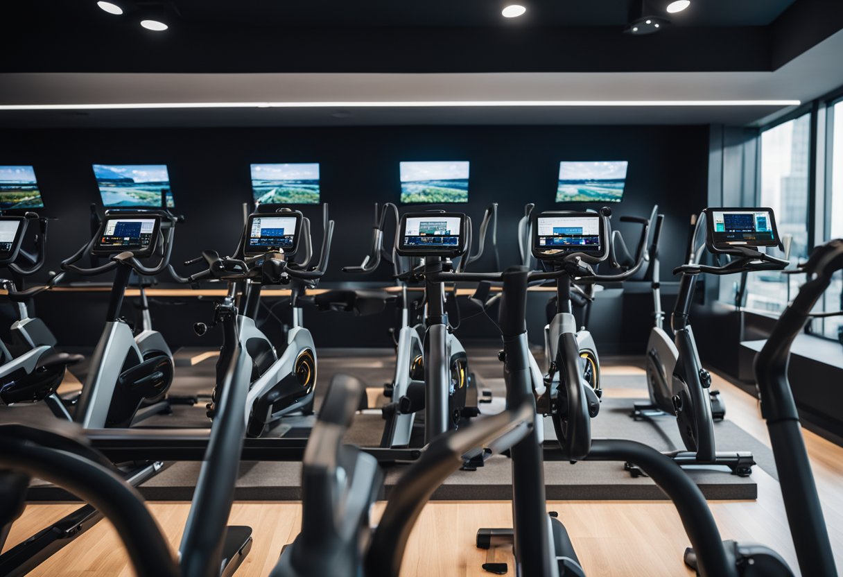 A row of spin bikes with digital screens displaying interactive programming and adjustable features