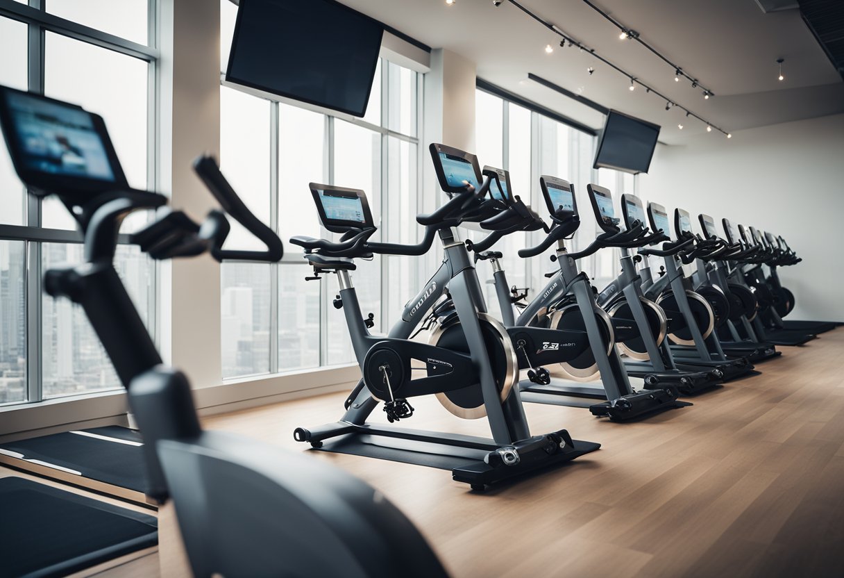 A row of modern spin bikes with interactive screens and programming, set in a sleek fitness studio with ambient lighting
