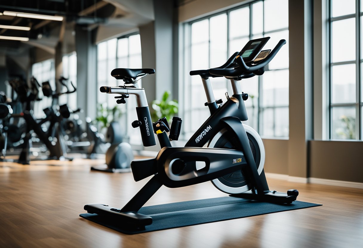 A spin bike is positioned in a well-lit room with a large screen displaying interactive programming. The bike is surrounded by fitness equipment and has a water bottle and towel nearby