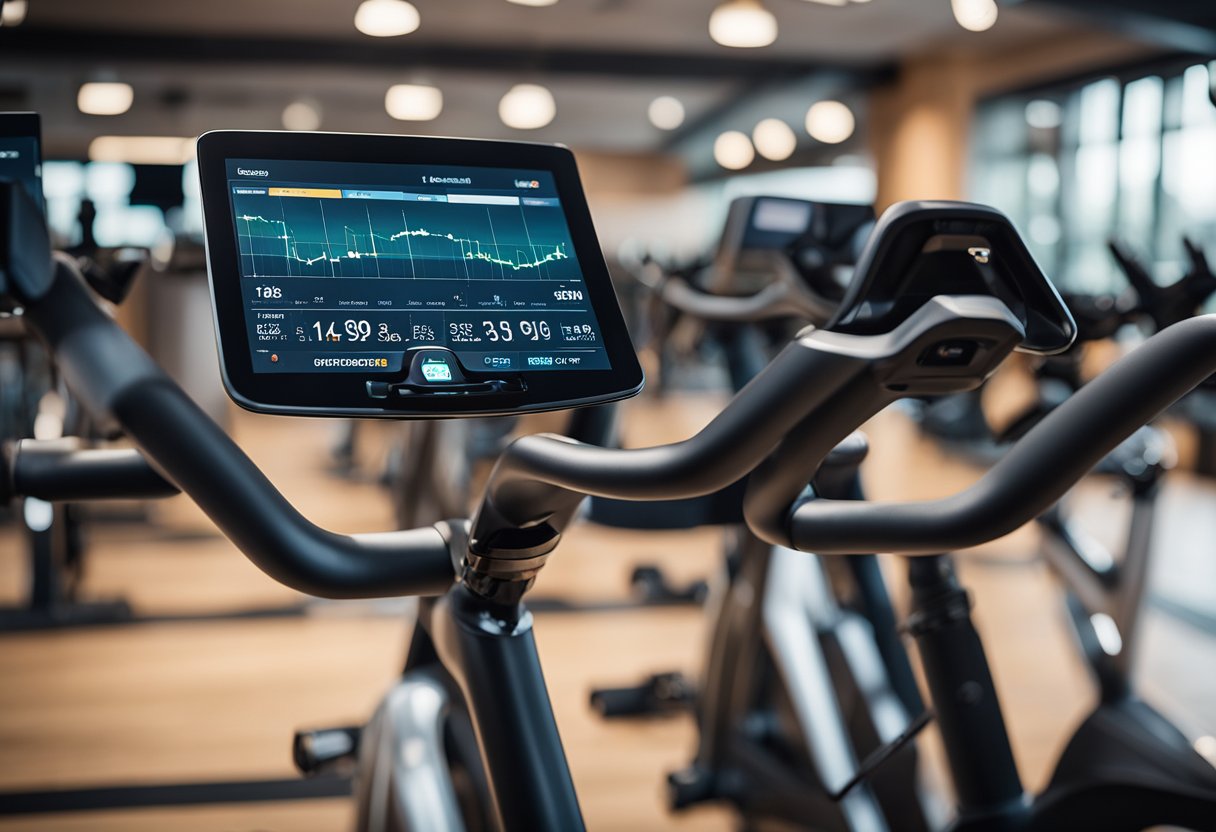 Spin bikes with interactive screens. Users engage in virtual rides, adjusting resistance and speed. Data metrics display on the screens