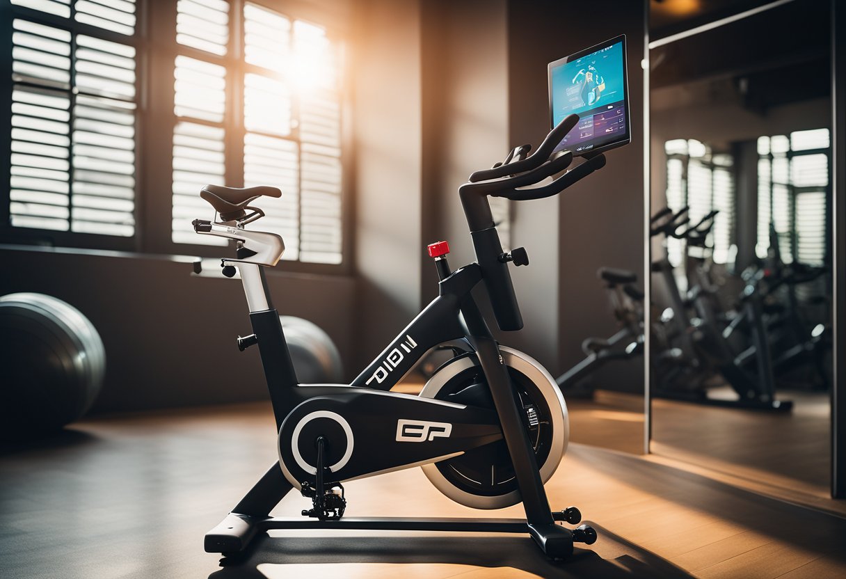 A spin bike with a digital screen displaying interactive workout programs, surrounded by a sleek and modern fitness studio with vibrant lighting and motivational posters