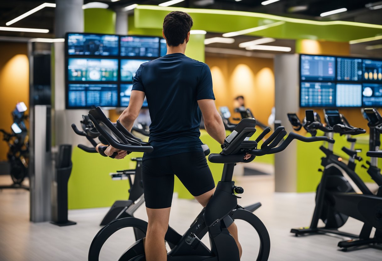 A person stands in front of a display of spin bikes, examining the interactive programming features. Various models are showcased with digital screens and control panels