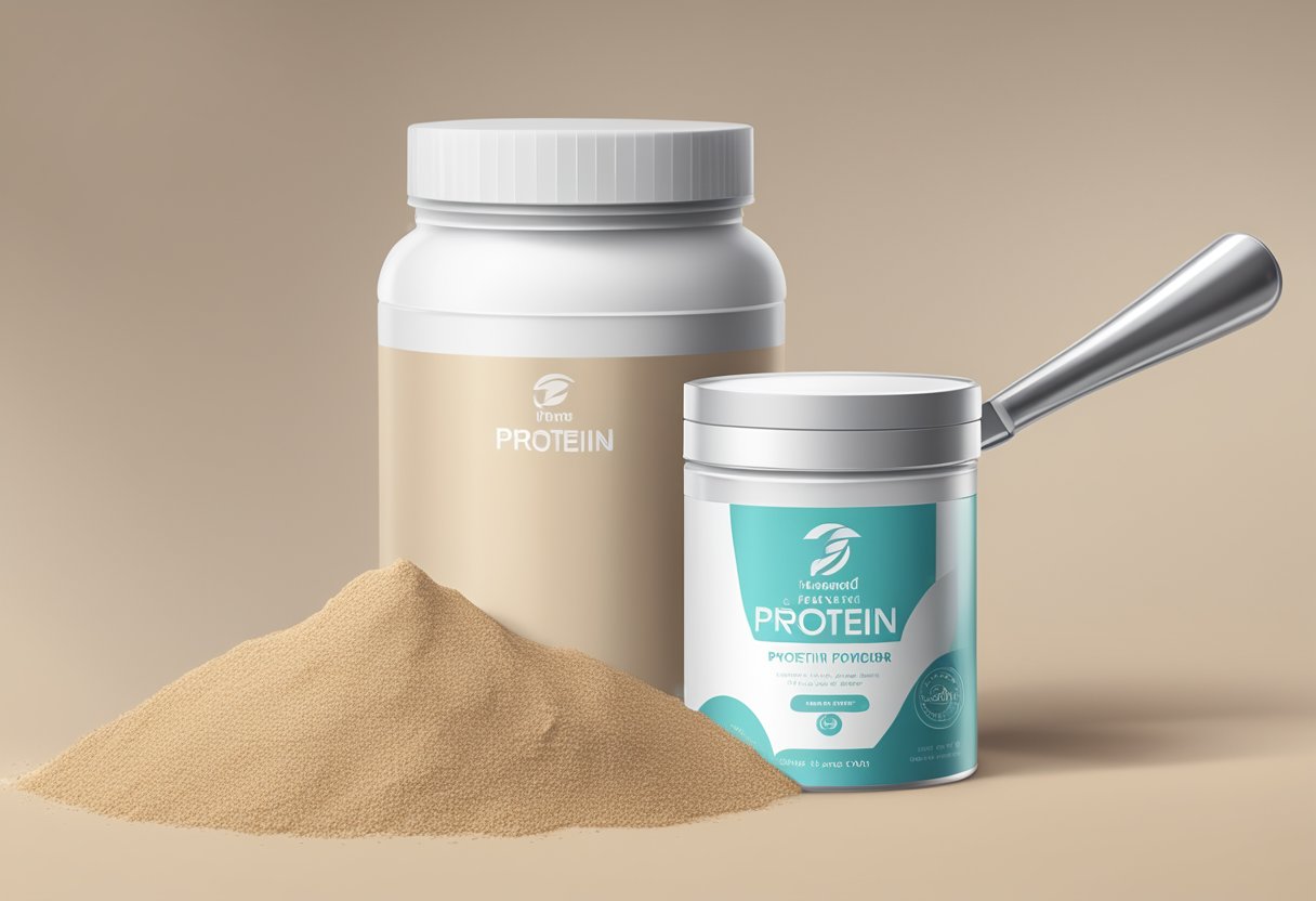A container of protein powder with a scoop next to it, set against a clean, modern background